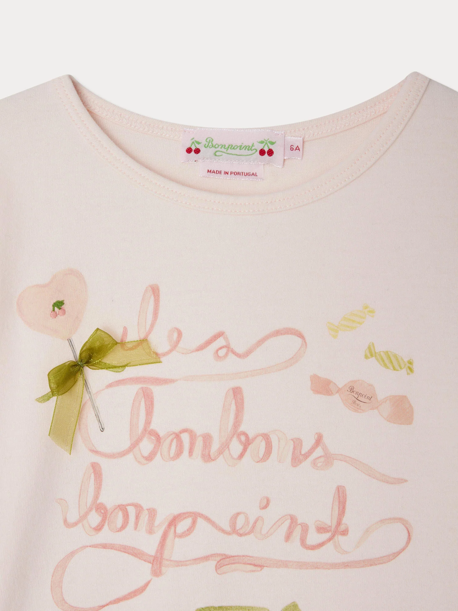 Tidjiane pink Bonbon print t-shirt with ribbon and embroidered cherry in organic cotton - Image 3